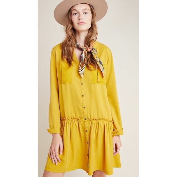 Anthropologie Maeve Marlie Dress Womens 6 Button Front Long‎ sleeve Yellow Gold - Picture 1 of 9